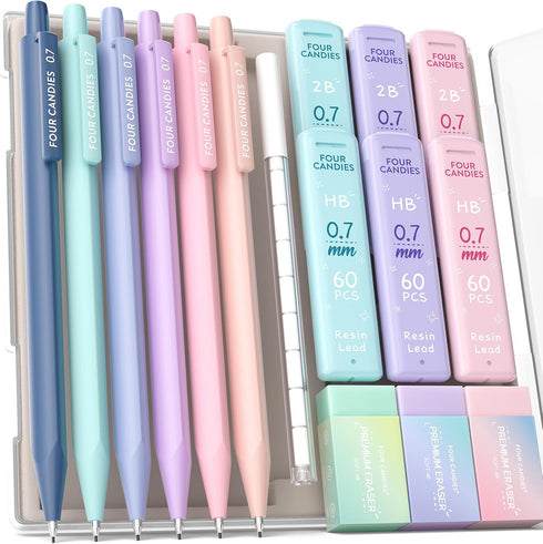 Four Candies Mechanical Pencils 0.7mm, 16-Count Pack with HB & 2B Lead Refills