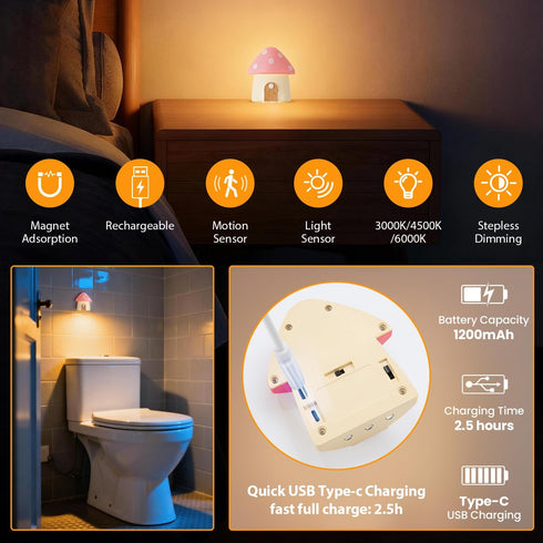 StarryEver 3 3000/4500/6000K Dimmable Mushroom Night Light, Rechargeable Motion Sensor Lights, Color Temperatures