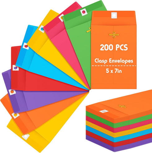 Geyee 200 Pcs 5 x 7" Manilla Clasp Envelopes, Gummed Closure 28 lb Kraft Paper for Storing or Mailing