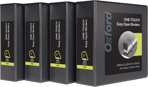 Oxford 3 Ring Binders, 3 Inch ONE-Touch Easy Open D Rings, 4 Pack, Black, 650-Sheet Capacity, Non-Stick, PVC-Free