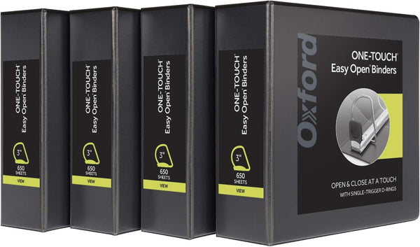 Oxford 3 Ring Binders, 3 Inch ONE-Touch Easy Open D Rings, 4 Pack, Black, 650-Sheet Capacity, Non-Stick, PVC-Free