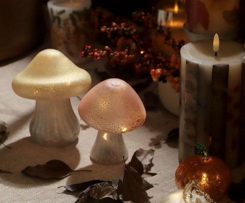 Glass Small Mushroom Table Lamp - Mushroom Night Light Battery Operated Warm Amber Glow Cute Bedside Lamp for Kids