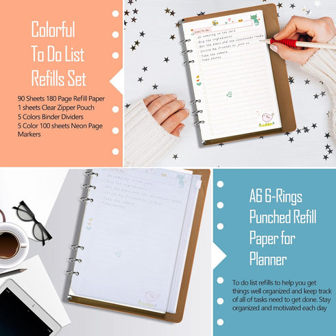 Rancco A6 Planner Inserts To Do List, 90 Pages Colorful 6-Ring Loose-leaf Refills with Divider, Pouch, Ruler