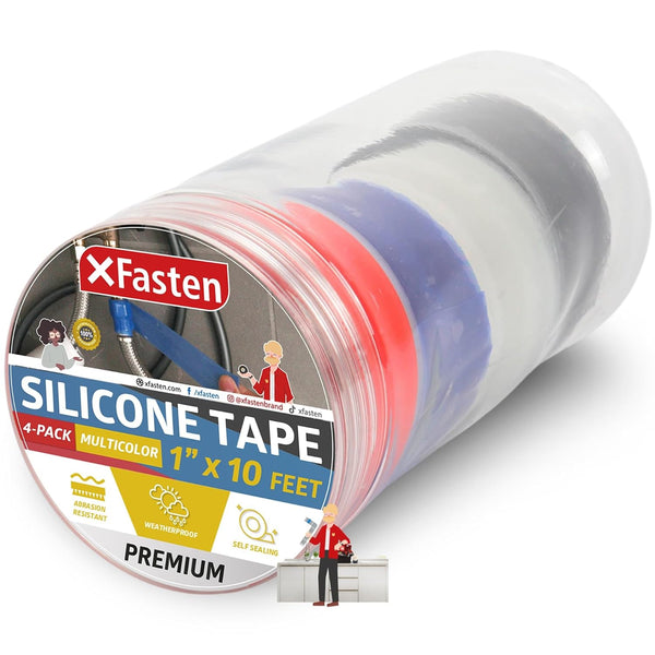 XFasten Multicolor Silicone Tape, 1” x 10-Feet Non-Adhesive for Plumbing, Pack of 4 for Leak Repair