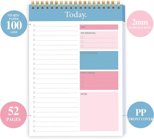 To Do List Notepad, Daily Planner Undated with 52 Sheets, 6.5" x 9.8" Checklist Productivity Organizer with Hourly