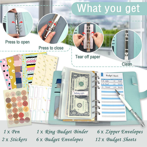 Budget Binder with Zipper Envelopes, Ginmlyda Cash Envelopes for Budgeting Money Saving Binder with Budget Sheets, Zipper PVC Pockets, Cash Envelopes, Stickers & Pen, Money Binder Organizer for Cash by GINMLYDA