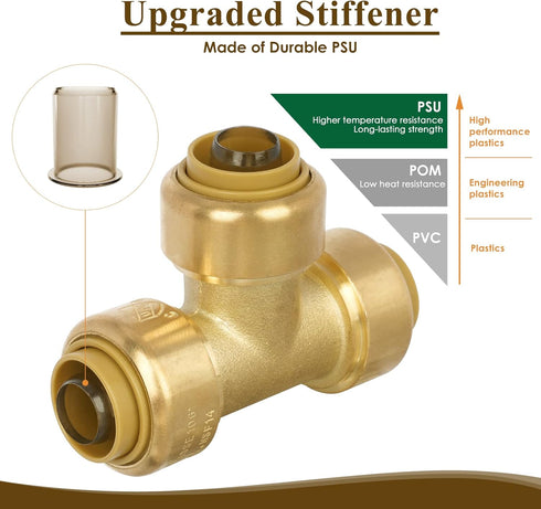 1/2" Push to Connect Tee Brass Plumbing Fitting for PEX, Copper, CPVC Pipe with Upgraded Stiffener (6 Pack)