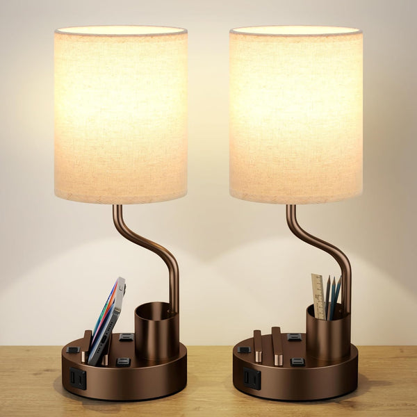 Bedside Table Lamps for Bedroom Set of 2 - Beige Nightstand Lamp