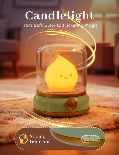 Dimmable Cozy Cute Smiley Night Light with White Noise, Vintage Flickering Flame Lamp, USB Rechargeable Sleep Timer