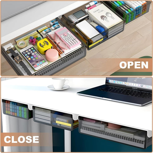 Under Desk Table Drawer Storage Organizer, 3 Pack Slide Out Drawers for Hidden Desktop Storage