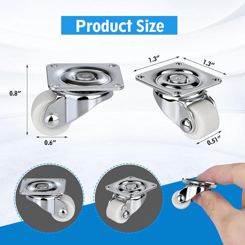 8 Pack 0.6-Inch 360 56 LBS 4 Mini Caster Wheels, White Nylon Low Profile Small Casters, Swivel Plate with Self Adhesive