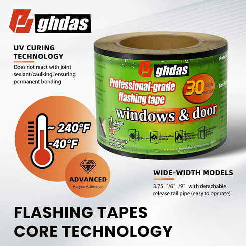 Bghdas 3.75" 30', Flashing Tape for Windows & Doors, x Industrial Strength for Windows, Doors, Weather-Resistant