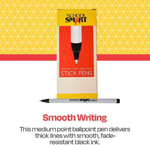 School Smart Round Stick Pen, Medium Tip, Black, Pack of 12