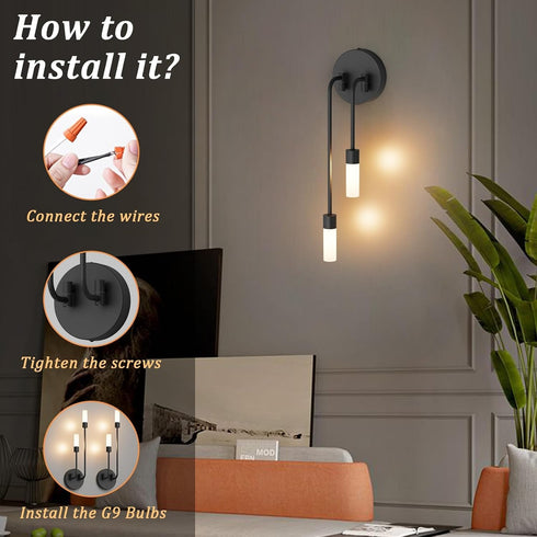 3000K G9 Bulb) Tipace Modern Wall Sconce,LED Black Wall Light Fixture Bathroom Vanity Light Fixture with Glass