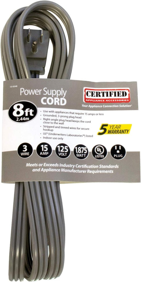 Certified Appliance Accessories 15-0348 15-Amp 8 3 Appliance Power Cord, Feet, Wires, Grounded, Right Angle Plug Head