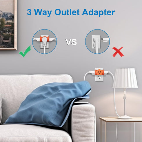 EXTRASTAR 3 Outlet Extender, Heavy Duty Grounded Wall Tab, Electrical Multi-Outlet Power Splitter, Orange
