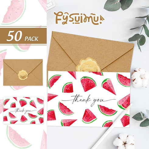 50 Pack Summer FYSUIMU Watermelon Thank You Cards Boxed Note Cards with Envelope Sticker Fruit Greeting Blank Card