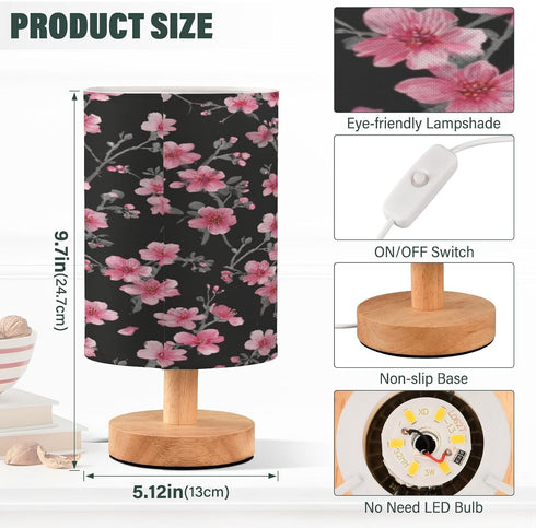 Black and Pink Floral Small Bedside Night Table Lamp Nightstand Lamp with Round Fabric Linen Shade Study Reading Desk