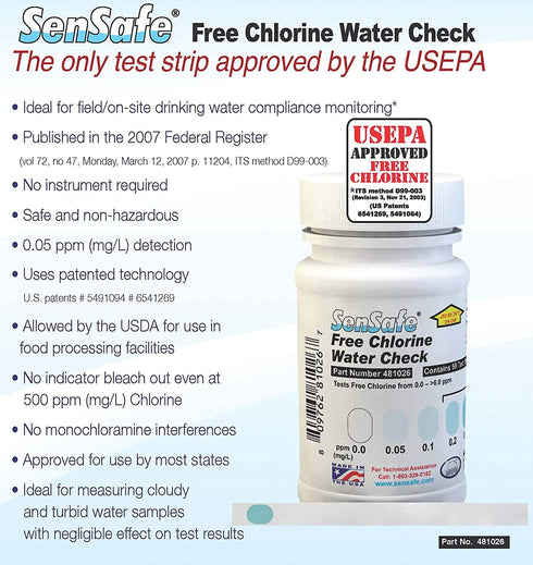 Industrial Test Systems SenSafe 481026 Free Chlorine Test Strip, USEPA Approved, 0-6ppm, Bottle of 50