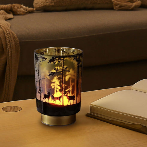 Eywamage Small Battery Operated Table Lamp, Forest Deer Mood Light with Remote, Cordless Glass Lamp