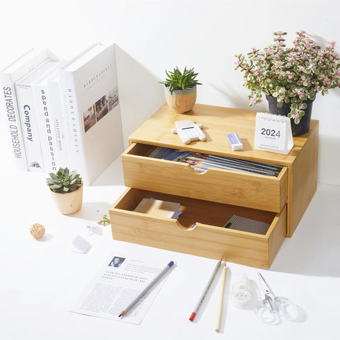 Bamboo Desk Organizer with Drawers, Countertop Makeup Storage Box with 2 Drawers for Home Office