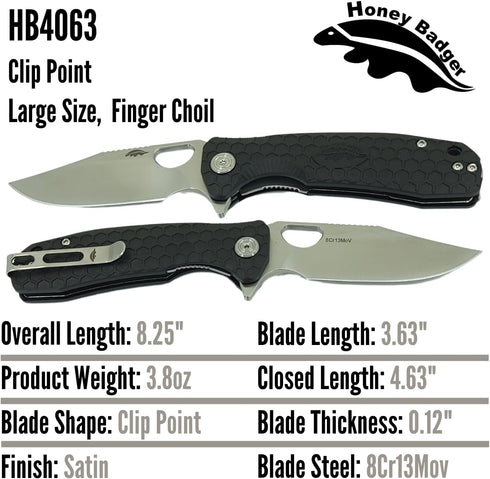 8Cr13MoV 3.63" Honey Badger Knives Large Clip Point Folding Pocket Knife - Steel, Blade, Black FRN Handle - Ball