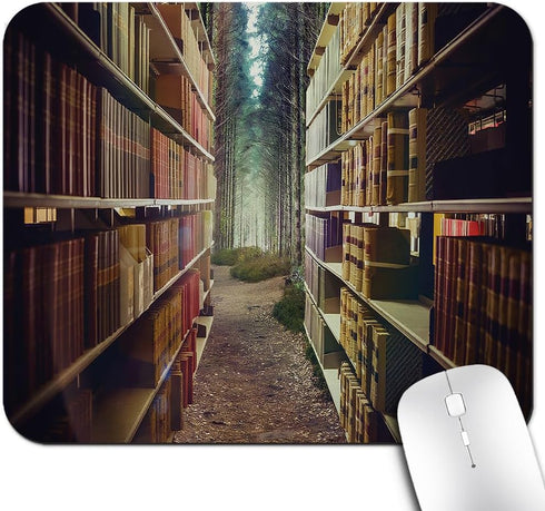 knseva Vintage Bookshelf Mouse Pad, Digital Illustration of Abstract Design Library in Forest