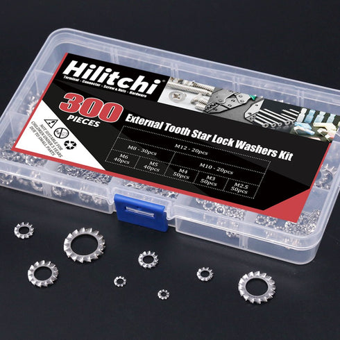 Hilitchi 300-Pcs Assortment Kit of 304 Stainless Steel External Tooth Star Lock Washers - M2.5 M3 M4 M5 M6 M8 M10 M12