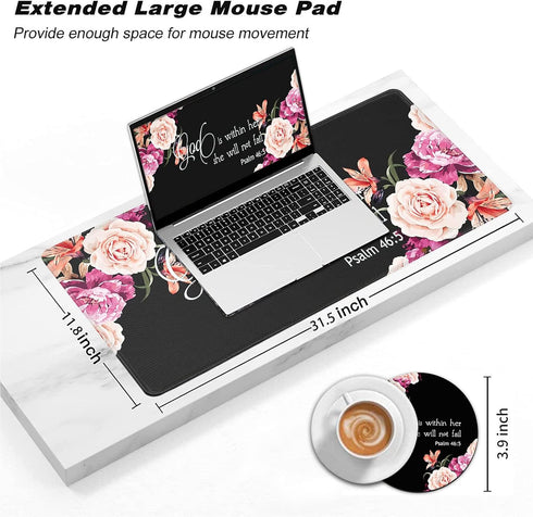 Large Gaming Mouse Pad, Extended Ergonomic Desk Pad, 31.5'' X 11.8', Stitched Edges, Peony Flower Psalm 46:5, Cup