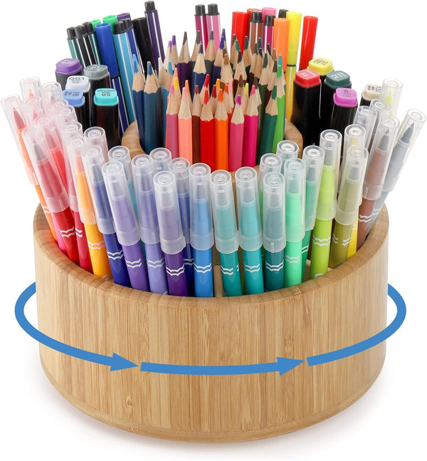 SOUJOY Bamboo Pen Holder Organizer, 360° Rotating Art Supply Caddy with 11 Compartments, Holds 200+ Pencils, Office Box