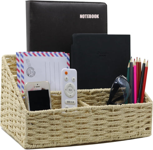 Rattan Mail Organizer for Countertop, Desk, and Bills - Woven Basket, Magazine Holder, and Accessories - Beige