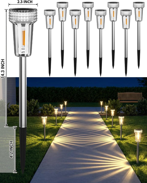 12 Pack DERAYSION Solar Pathway Lights Outdoor, Auto Dusk-to-Dawn Landscape Garden Lighting, Waterproof Stainless Steel