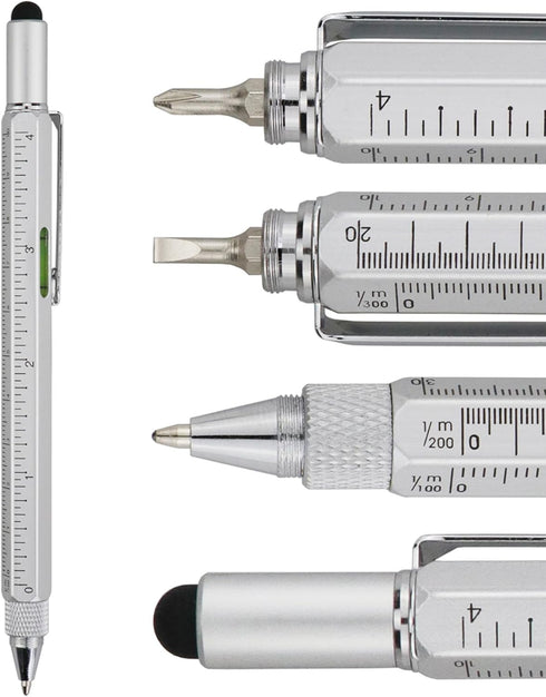 HeTaoCat Gifts Multi Tech Tool Pen 6 in 1 Stylus Pen - Screwdriver Pen with Ruler, Levelgauge, Ballpoint Pen (Silver)