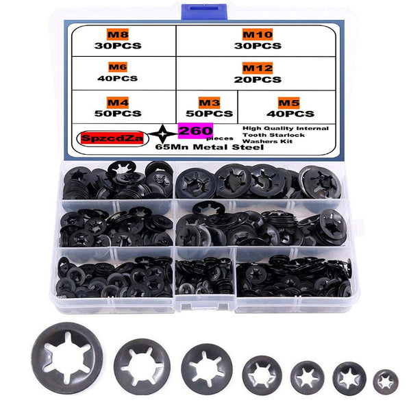 260pcs 7 Size Internal Tooth Starlock Washers Locking Washer Assortment Kit, Black Oxide Finish