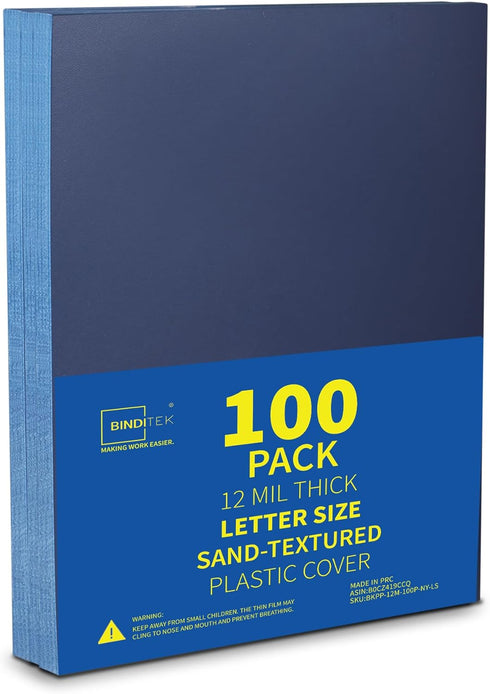 Binditek 100 Pack 12 Mil Sand-Textured Polycover, Midweight Binding Covers, 8-1/2" x 11", Navy for Office Supplies