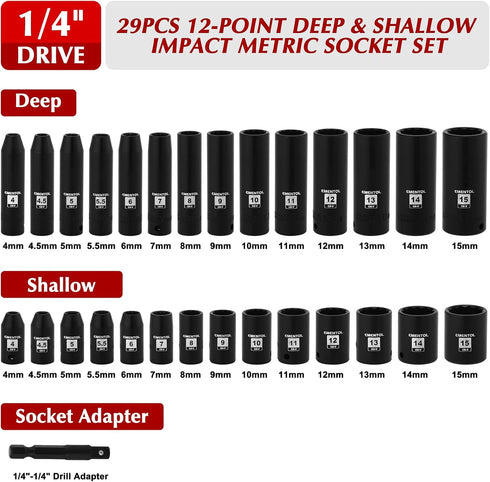 1/4" Set, 29 Set, 4-15mm, 12 EMENTOL Drive Impact Socket Pieces Deep & Shallow Socket Metric Point CR-V, Includes Drill