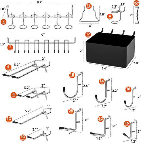 INCLY 278PCS Pegboard Accessories Organizer Kit, Hooks Assortment with Bins for 1/8 or 1/4 inch Pegboard