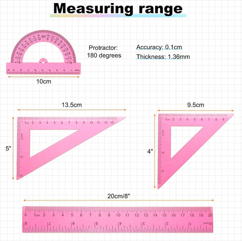 4pcs Set 20cm Inch HARFINGTON Triangular Ruler Plastic Metric Geometric Protractor Triangle Engineering Scale Drafting