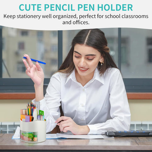 Desk Pen Pencil Holder with Drawer, 4 Slots 360-Degree Rotating Organizer, White Storage Caddy for Office School Home