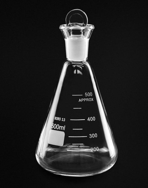 QWORK 500ml Lodine Flask with Stopper, Thick Wall Flask with 24/29 Standard Conical Outer Connection, 2 Pack Heavy Duty Borosilicate Glass Erlenmeyer Flask Interchangeable Stopper, Conical Shape