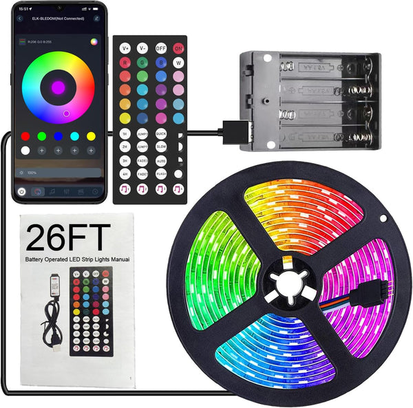 Dervacle Battery Operated LED Strip Lights 26ft, Color Changing RGB APP & Remote