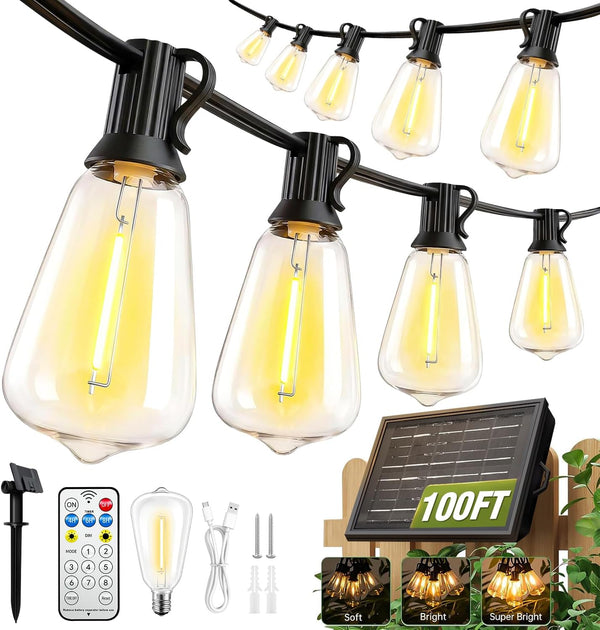 100FT Solar String Lights Outdoor Waterproof with Remote & Timer, LED Shatterproof
