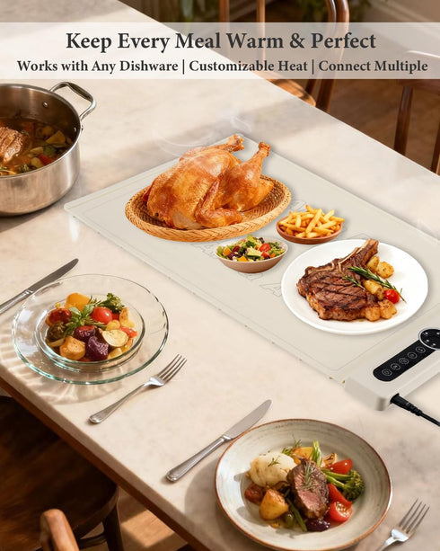 7 10s (Cream-2 KokoSelene Food Warming Mat, Dual-Zone Heating Mat for Food with Temp & Timer, Fast Heat Flexible