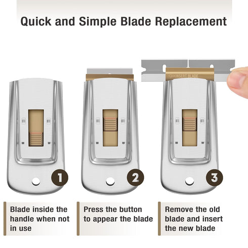 Pack 6, 60 Bates Choice Metal Razor Blade Scraper Tool, of Extra Carbon Steel Blades, Stainless Steel Heavy-Duty