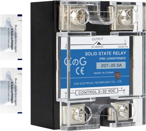 CG Solid State Relay SSR-25DA, DC to AC Input 3-32VDC, Output 24-480VAC, 25A Single Phase, Plastic Cover
