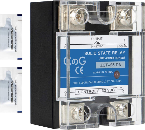 CG Solid State Relay SSR-25DA, DC to AC Input 3-32VDC, Output 24-480VAC, 25A Single Phase, Plastic Cover