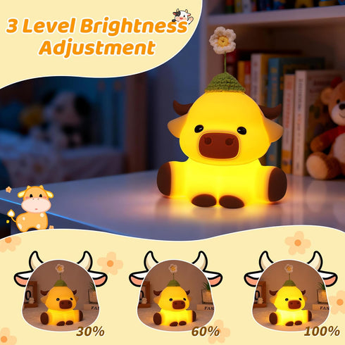 Dimmable Attivolife Highland Cow Night Light for Kids, Flower Cow Cute Animal Gift Soft Silicone LED Lamp
