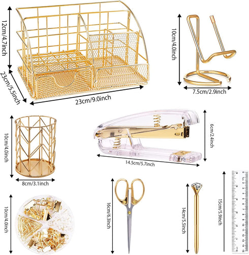 Gold Desk Organizers and Accessories Set - Office Supplies with Stapler, Pen Holder, Phone Holder, Scissors, Clips,