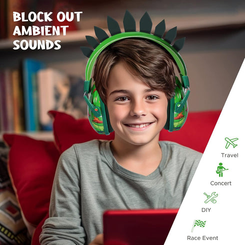 Dinosaur Noise Cancelling Headphones for Kids 1-12, Sound Proof Earmuffs for Concerts & Sensitive Ears.