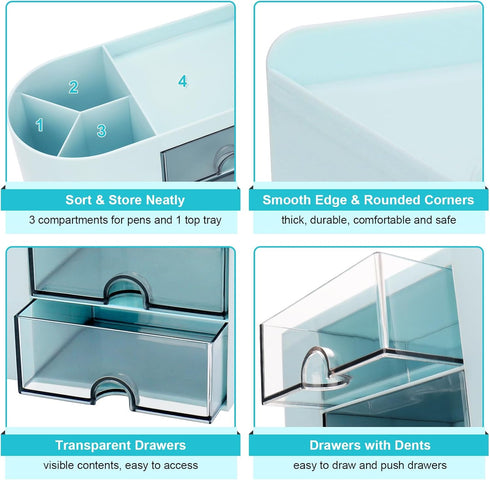 Desk Organizer with Drawer, Pen Organizer for Desk, Small Pencil Holder with 2 Drawers + 4 Compartments (Blue)